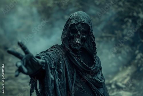 Scary grim reaper with scythe in hell on dark background with dramatic background