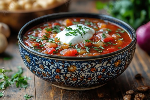 traditional ukrainian borscht in handpainted ceramic bowl richly colored vegetables dollop of sour cream rustic wooden table setting photo