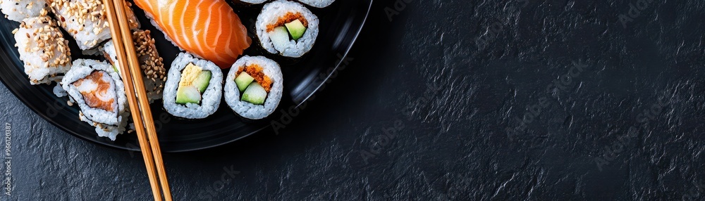 Delicious assortment of sushi rolls on black plate with chopsticks, perfect for Japanese cuisine lovers and food enthusiasts. Delicious assortment of sushi rolls on black plate with chopsticks, perfect for Japanese cuisine lovers and food enthusiasts.