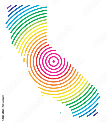 Symbol Map of the State California (United States of America) showing the state with concentric circles in rainbow colors like a shooting target