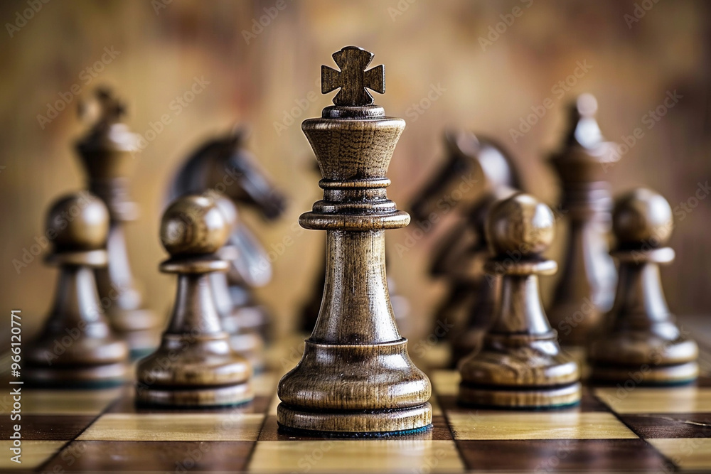 Beautiful chess piece standing on checkered game board during strategic game of chess Beautiful chess piece standing on checkered game board during strategic game of chess