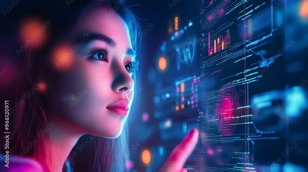 Woman interacting with a digital interface with neon lights. Woman interacting with a digital interface with neon lights.