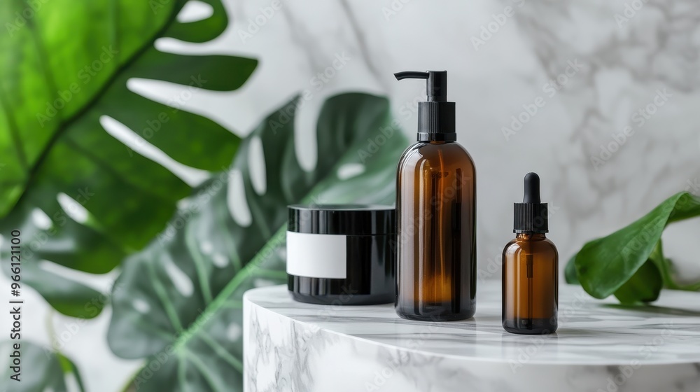 Elegant arrangement of amber bottles and a jar on a marble surface with tropical leaves in the background for a serene atmosphere. Elegant arrangement of amber bottles and a jar on a marble surface with tropical leaves in the background for a serene atmosphere.