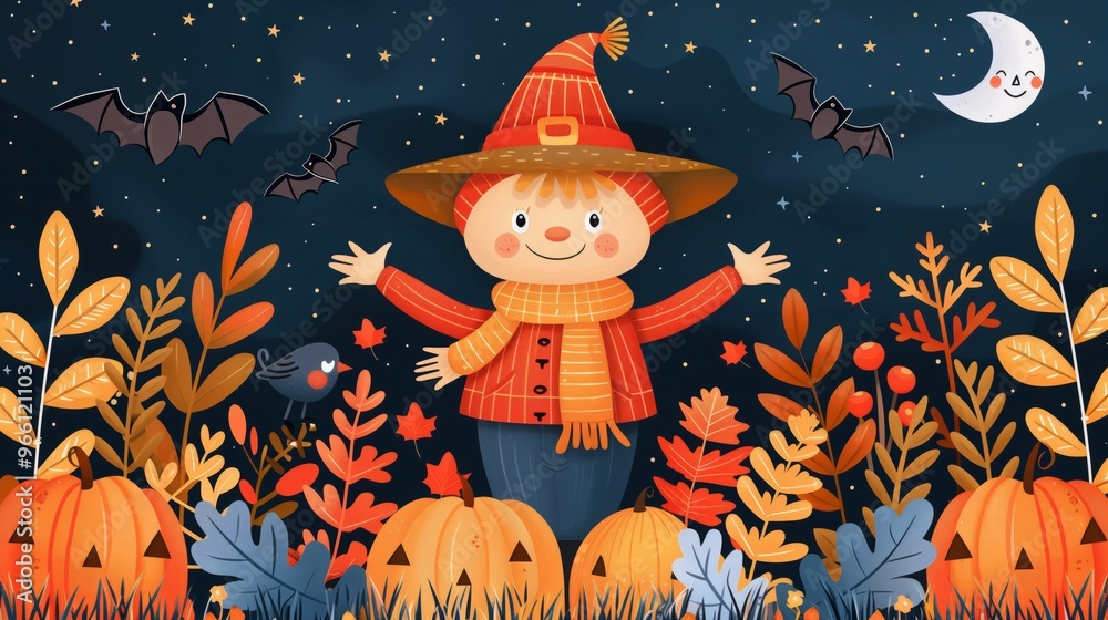 Fototapeta premium Cheerful Scarecrow Surrounded by Autumn Foliage and Pumpkins at Night in a Festive Halloween Landscape