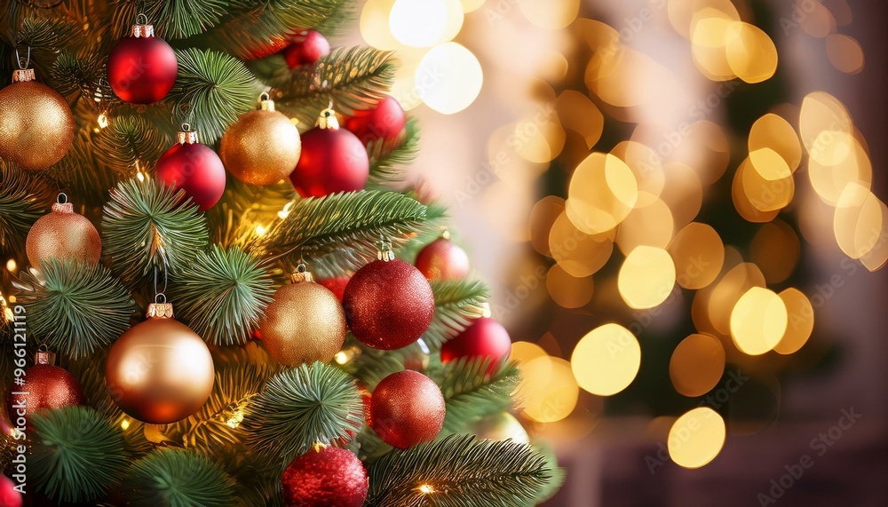 Festive Christmas Tree with Red and Gold Baubles and Blurred Shiny Lights in Holiday Evening Ambiance for Seasonal Celebrations Festive Christmas Tree with Red and Gold Baubles and Blurred Shiny Lights in Holiday Evening Ambiance for Seasonal Celebrations