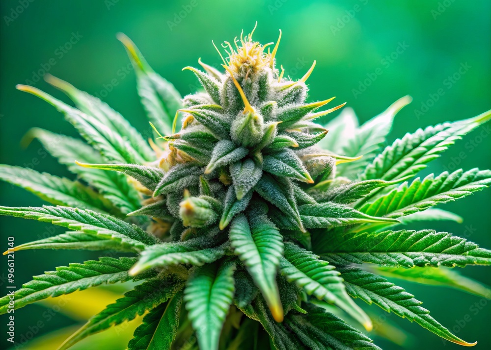 Close-Up View Of Marijuana Buds With Trichomes On The Leaves And A Green Background, Highlighting The Plant'S Natural Close-Up View Of Marijuana Buds With Trichomes On The Leaves And A Green Background, Highlighting The Plant'S Natural