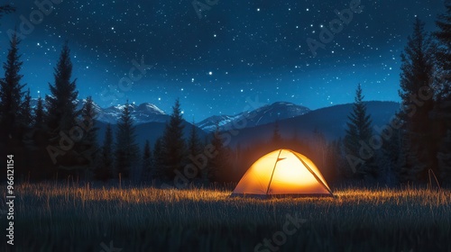 A serene night scene with an illuminated tent under a starry sky, surrounded by tall trees and majestic mountains.