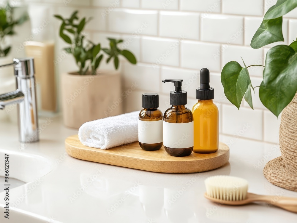 Elegant bathroom display featuring cosmetic bottles, towel, and natural elements for a serene self-care atmosphere. Elegant bathroom display featuring cosmetic bottles, towel, and natural elements for a serene self-care atmosphere.