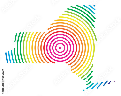 Symbol Map of the State New York (United States of America) showing the state with concentric circles in rainbow colors like a shooting target