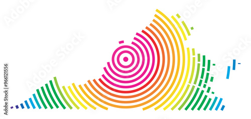 Symbol Map of the State Virginia (United States of America) showing the state with concentric circles in rainbow colors like a shooting target