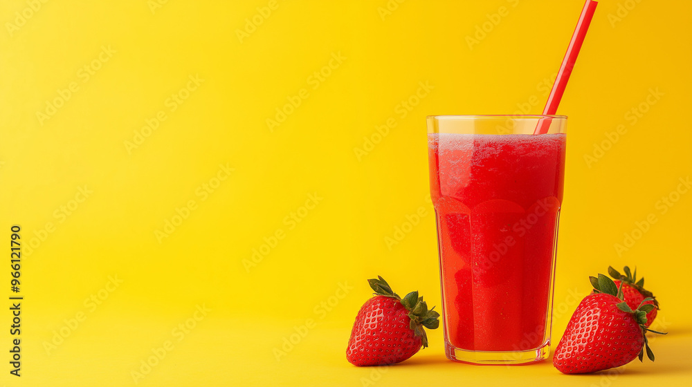 a glass of Strawberry juice with straw and strawberry isolated on yellow background a glass of Strawberry juice with straw and strawberry isolated on yellow background