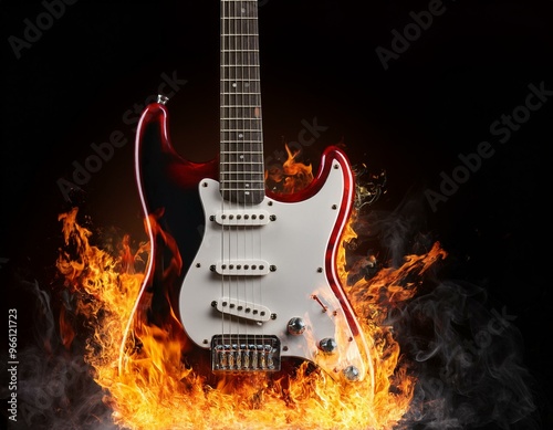 Fiery Electric Rock Guitar Engulfed in Flames on Black Background - Dynamic Music Instrument Concept with Intense Energy and Passion for Rock and Roll, Ideal for Rock Music Themes and Dramatic Designs
