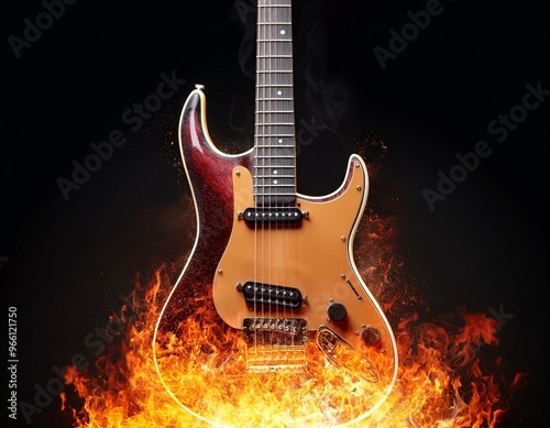 Fiery Electric Rock Guitar Engulfed in Flames on Black Background - Dynamic Music Instrument Concept with Intense Energy and Passion for Rock and Roll, Ideal for Rock Music Themes and Dramatic Designs