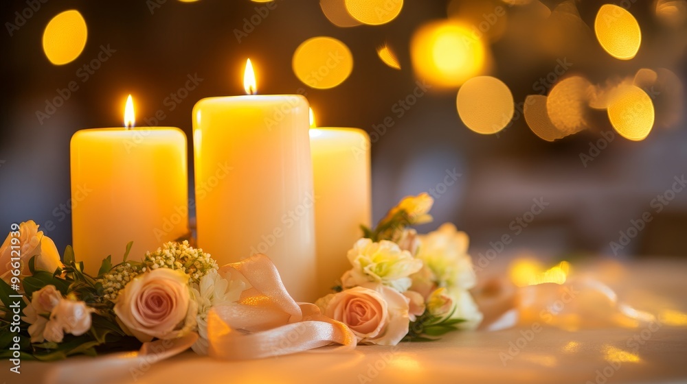 A serene arrangement of lit candles surrounded by soft flowers, creating a warm and inviting ambiance. A serene arrangement of lit candles surrounded by soft flowers, creating a warm and inviting ambiance.