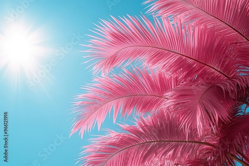 tropical minimalism stylized pink palm fronds against vibrant blue sky creating a bold geometric composition perfect for modern beachinspired design photo