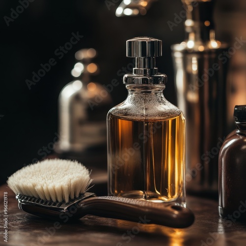 Wallpaper Mural Elegant glass bottle with golden liquid and grooming brush, perfect for beauty and personal care themes. Torontodigital.ca