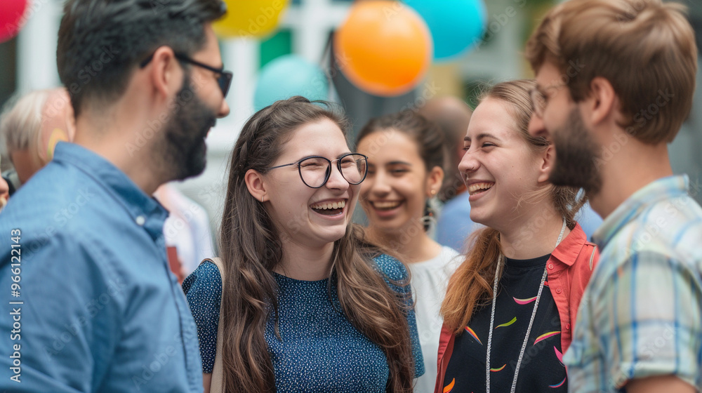 A group of coworkers laughing together during a casual outdoor office party, with balloons and banners in the background. A group of coworkers laughing together during a casual outdoor office party, with balloons and banners in the background.