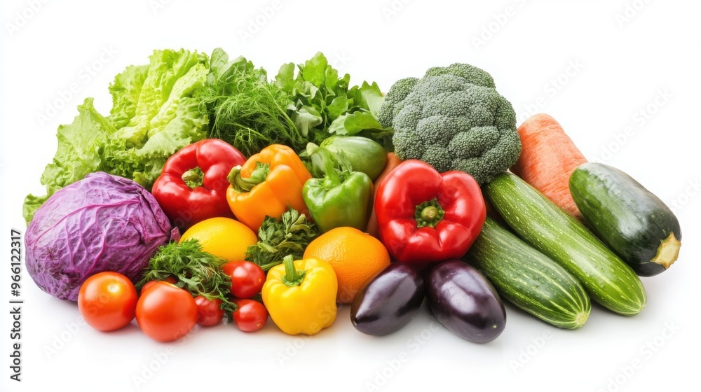 Colorful array of fresh vegetables and fruits, symbolizing healthy nutrition and longevity, photorealistic style, isolated on white background Colorful array of fresh vegetables and fruits, symbolizing healthy nutrition and longevity, photorealistic style, isolated on white background