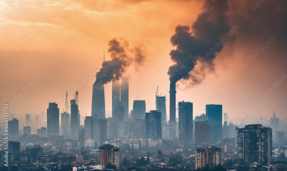 Tall buildings and plumes of black smoke fill the air over the city at sunset Tall buildings and plumes of black smoke fill the air over the city at sunset