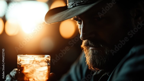 An individual in a hat holding a drink illuminated by soft background lighting, creating a warm ambiance and evoking themes of relaxation and contemplative solitude. photo