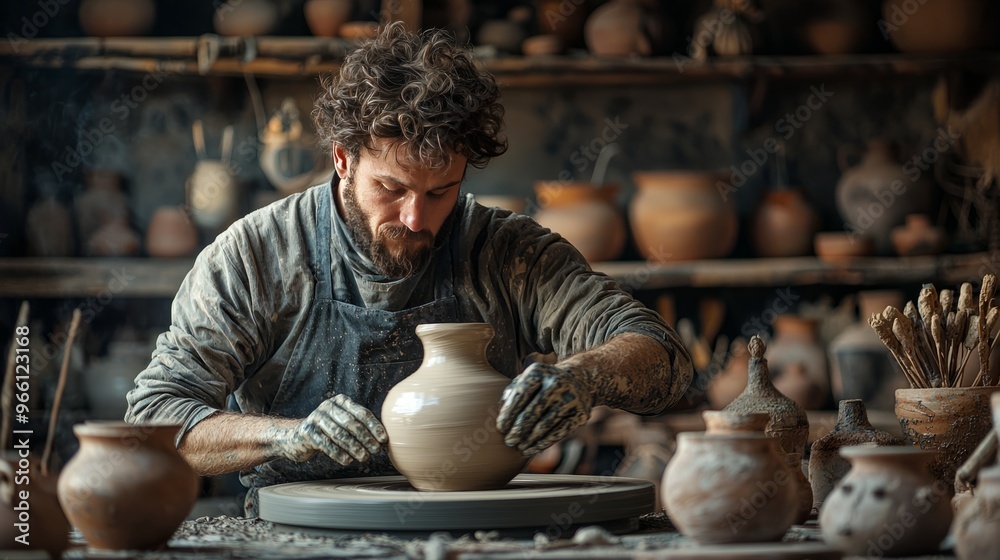 Potter shaping clay pot in traditional workshop with focus