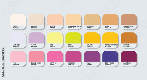 Yellow and Purple Color Palette, Purple and Yellow Color Guide Palette with Color Names. Fashion Trend Sweet Colors with RGB HEX code and Names. Cool Drink Color Palette Vector, Indigo with Yellow