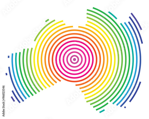 Symbol Map of the Prefecture Fukushima (Japan) showing the territory with concentric circles in rainbow colors like a shooting target