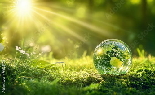 Concept Save the world save environment, Earth in a forest, green bokeh background