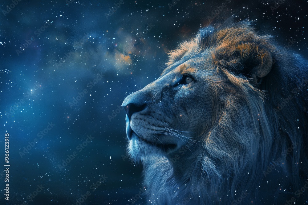 Naklejka premium Leo Zodiac Sign, Lion Horoscope Symbol, Magic Astrology Lion, Lion in Fantastic Night Sky