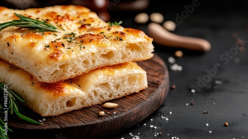 A detailed close-up of two pieces of golden-brown focaccia bread garnished with rosemary, served on a rustic wooden round board sprinkled with sea salt and herbs. photo