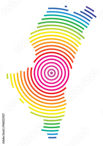 Symbol Map of the Prefecture Miyazaki (Japan) showing the territory with concentric circles in rainbow colors like a shooting target