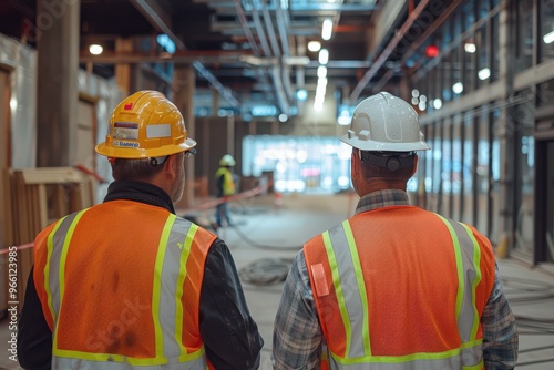 Two men wearing safety vests and helmets, discussing a construction site project, emphasizing teamwork and planning in urban development.