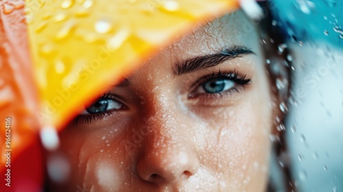 An abstract view through a window glass blurred with raindrops, showcasing a vibrant spectrum of rainbow colors, evoking a sense of curiosity and abstract beauty. photo