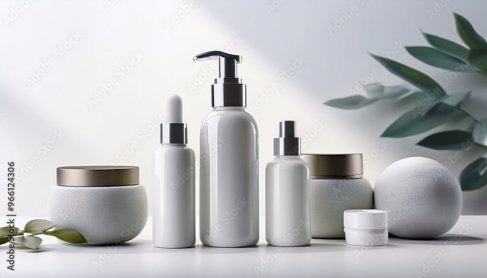 Elegant arrangement of skincare products showcasing clean lines and modern design, perfect for beauty and wellness themes. Elegant arrangement of skincare products showcasing clean lines and modern design, perfect for beauty and wellness themes.