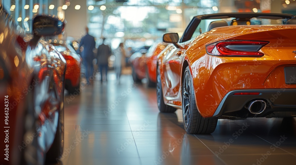 Bright orange sports car displayed in a showroom under soft lighting Bright orange sports car displayed in a showroom under soft lighting