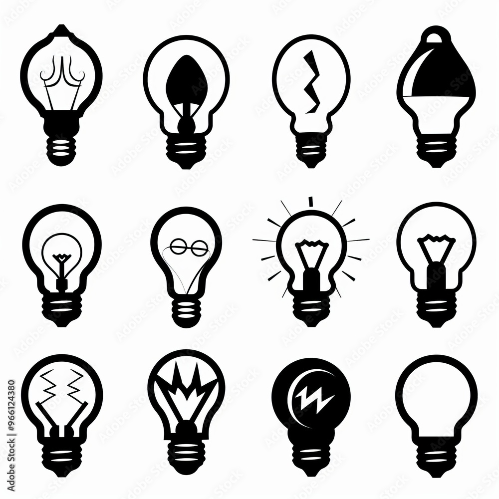 Graffiti light bulbs, black lamp icon silhouettes set, lightbulbs isolated, minimal black and white bulbs Graffiti light bulbs, black lamp icon silhouettes set, lightbulbs isolated, minimal black and white bulbs