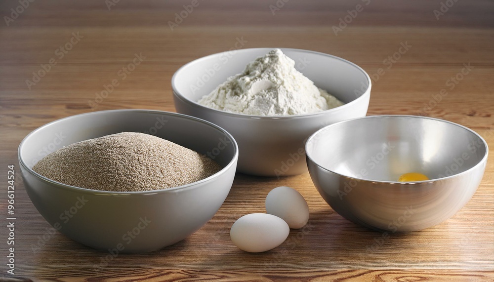 Ingredients for baking arranged in bowls: flour, sugar, eggs, and a wooden surface, perfect for culinary projects. Ingredients for baking arranged in bowls: flour, sugar, eggs, and a wooden surface, perfect for culinary projects.