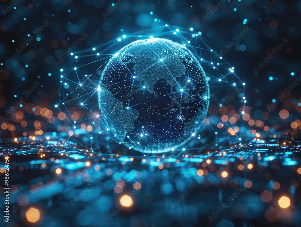 Obraz premium Abstract blue digital background with glowing network connections and a planet Earth on a dark blue background, a futuristic technology concept. This image could be used for a banner design, web site 