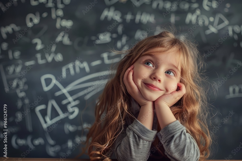 beautiful cute little girl with math formulas and problems beautiful cute little girl with math formulas and problems