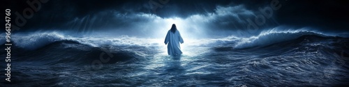 Abstract Jesus Walking on Stormy Sea: Miracle of Faith and Hope. Illuminated Religious Figure Amidst Turbulent Waves for Christian Cultural Marketing, 4K Wallpapers, and Inspirational Campaigns.