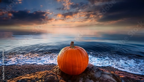 Mysterious Autumn Surreal Seascape and Pumpkin photo