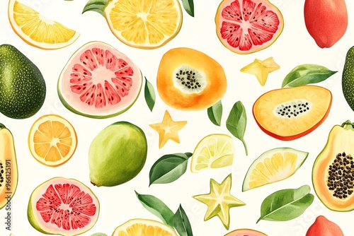 Colorful watercolor illustration of various tropical fruits including papaya, watermelon, starfruit, and citrus on a light background.