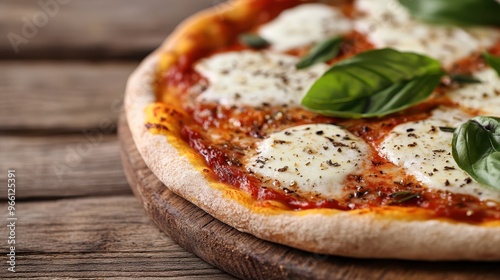 A beautifully crafted Margherita pizza topped with fresh basil leaves is served on a rustic wooden table, embodying delicious Italian cuisine with classic and appetizing presentation. photo