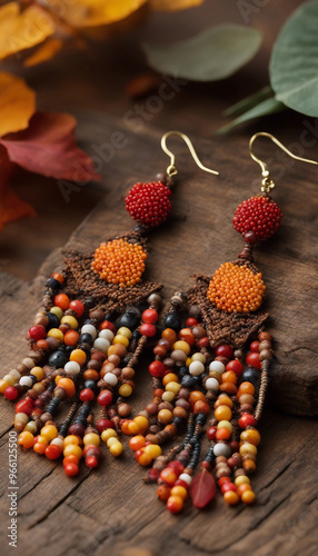 a pair of handmade beaded earrings with a prominent red bead at the top, placed on a wooden surface surrounded by autumn leaves.