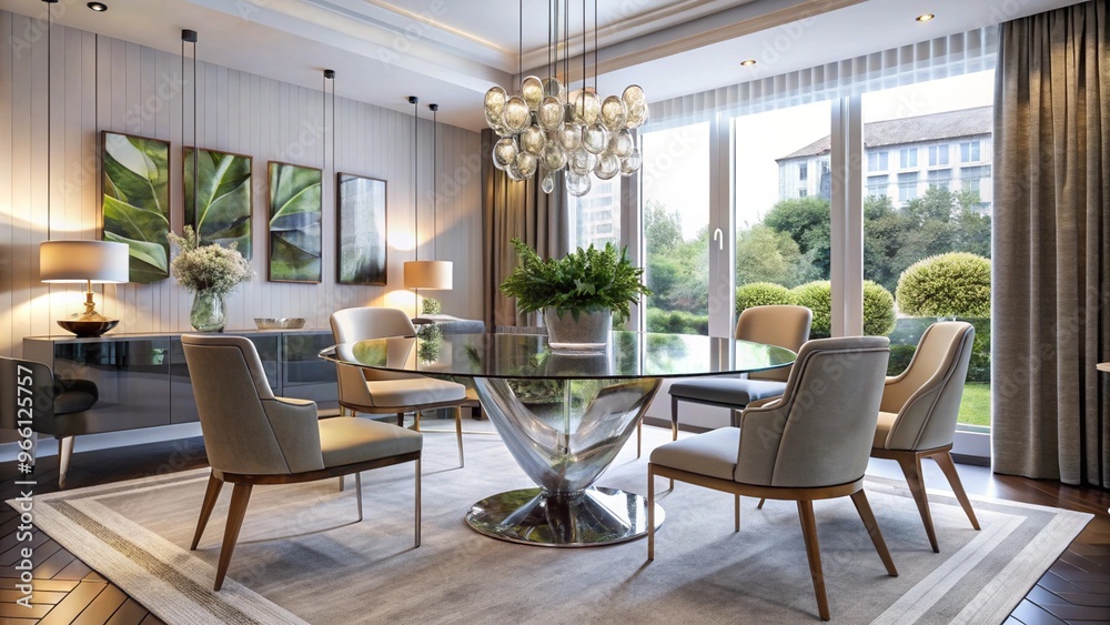 Fototapeta premium A Chic and Modern Dining Area with a Glass Table Ideal for Contemporary Interior Design and Elegant Gatherings