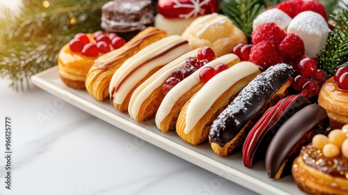 Elegant Christmas sweets platter featuring eclairs, petit fours, and fruit tarts, with a soft holiday glow, luxurious and refined holiday setting