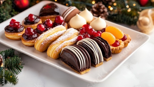 Elegant Christmas sweets platter featuring eclairs, petit fours, and fruit tarts, with a soft holiday glow, luxurious and refined holiday setting
