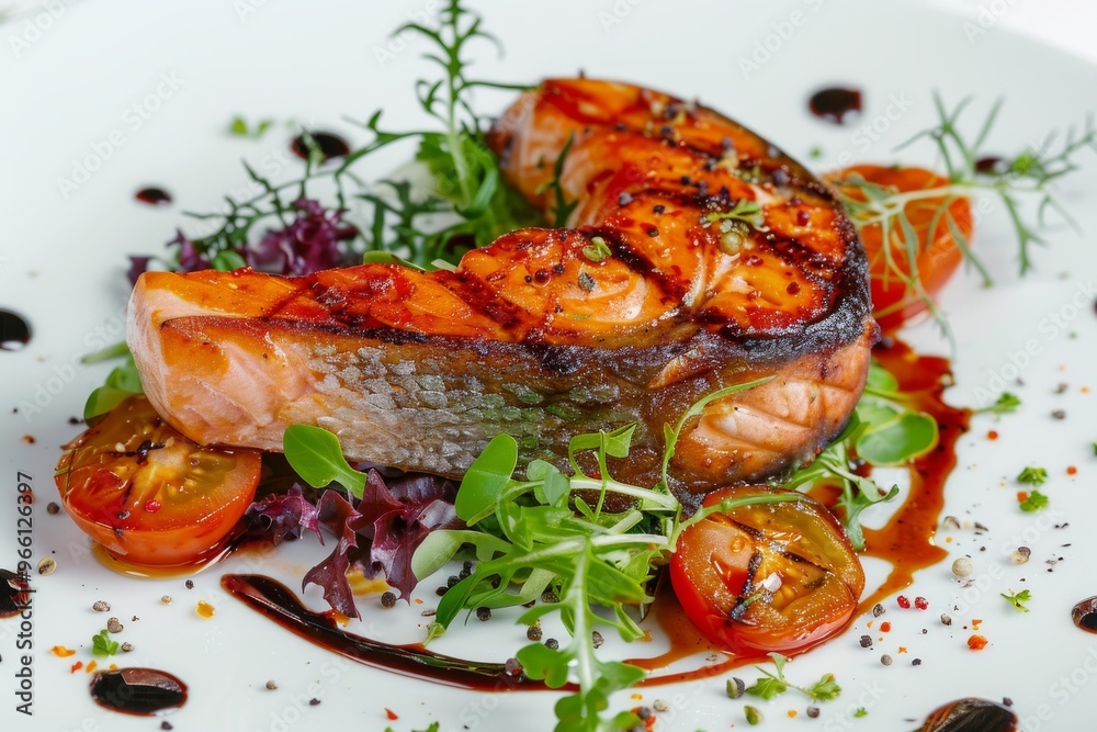 Grilled Salmon Steak, Barbecue Red Trout Fish fillet with BBQ Vegetables, Fresh Greens and Spices Grilled Salmon Steak, Barbecue Red Trout Fish fillet with BBQ Vegetables, Fresh Greens and Spices