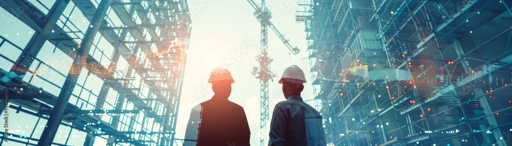 Construction Workers Silhouettes Overlooking Cityscape with Data Visualization Construction Workers Silhouettes Overlooking Cityscape with Data Visualization