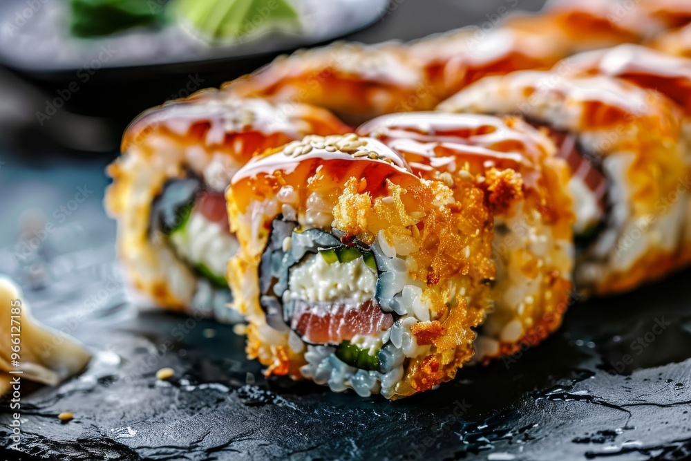Unagi Tempura Sushi Rolls, Japanese Susi with Green Onions, Flying Fish Red Caviar, Spicy Sauce Unagi Tempura Sushi Rolls, Japanese Susi with Green Onions, Flying Fish Red Caviar, Spicy Sauce